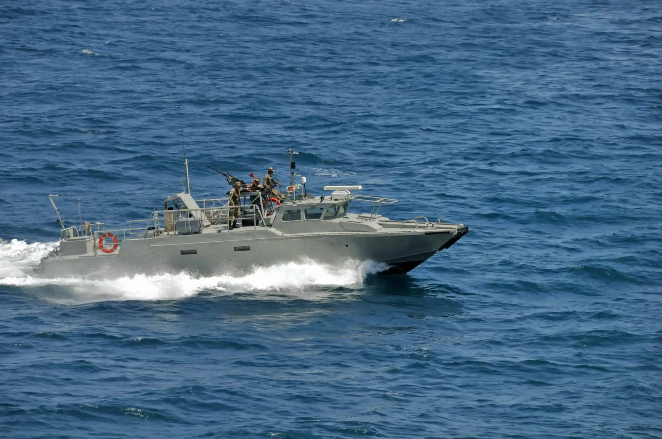 Military boat with maritime satellite communication